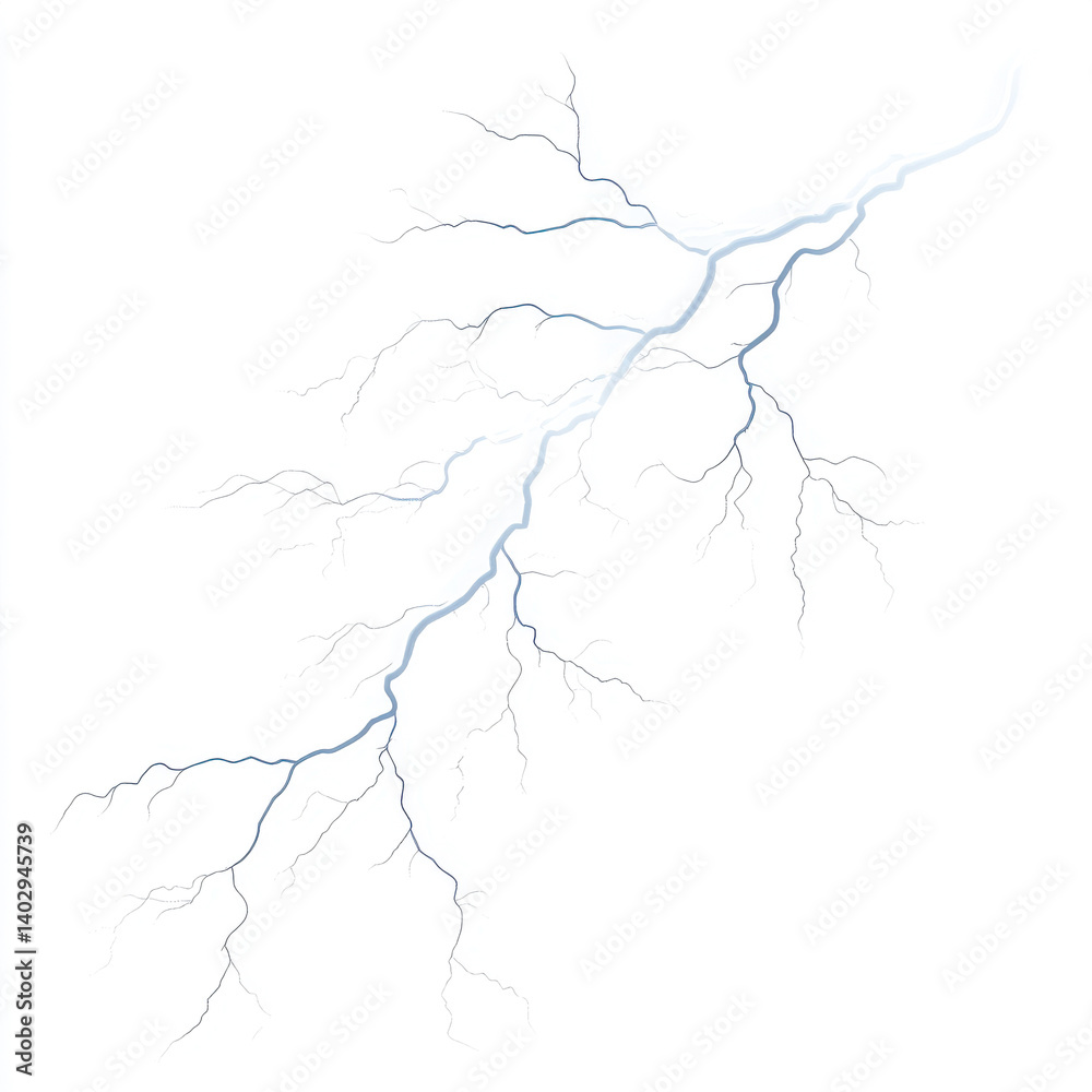 Powerful abstract lightning bolt illustration with electric blue branches on a stark white background symbolizing energy and nature’s force Powerful abstract lightning bolt illustration with electric blue branches on a stark white background symbolizing energy and nature’s force