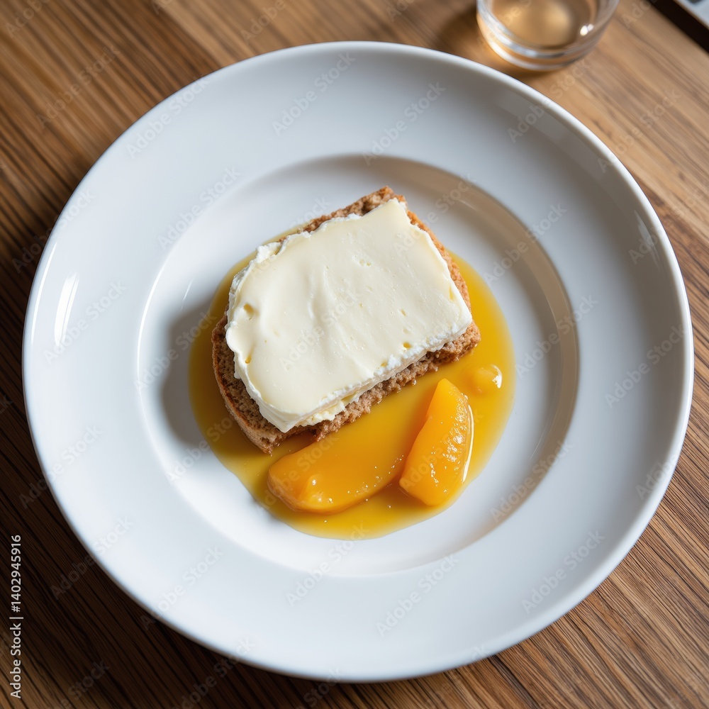Creamy Cheese on Toasted Bread with Peach Compote Gourmet Dessert Plate Creamy Cheese on Toasted Bread with Peach Compote Gourmet Dessert Plate
