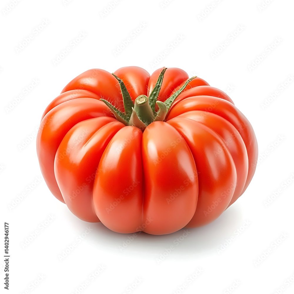 A fresh vibrant tomato with a smooth surface, isolated white background, hyperrealism art style A fresh vibrant tomato with a smooth surface, isolated white background, hyperrealism art style