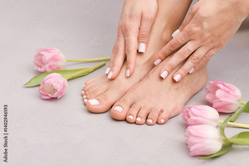 Woman showing neat toenails and fingernails after pedicure and manicure procedures and flowers on light grey surface, closeup Woman showing neat toenails and fingernails after pedicure and manicure procedures and flowers on light grey surface, closeup