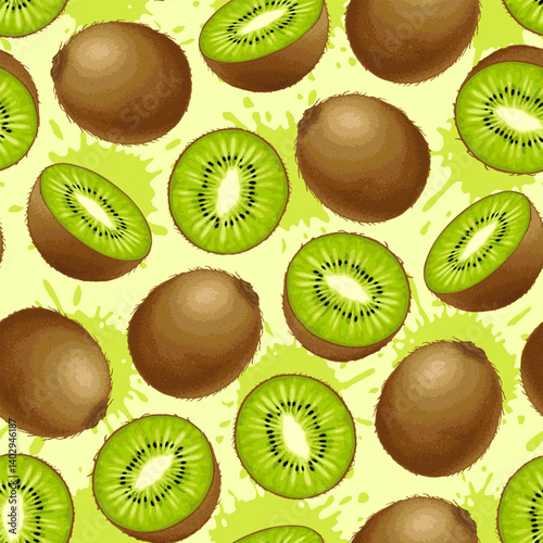 Seamless kiwi pattern on green background, whole kiwi sliced ​​into juicy splashes. Design is great for wallpaper, fabric, labels, packaging.