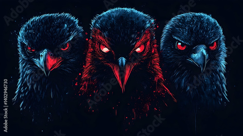 Three fierce birds of prey with intense red eyes.