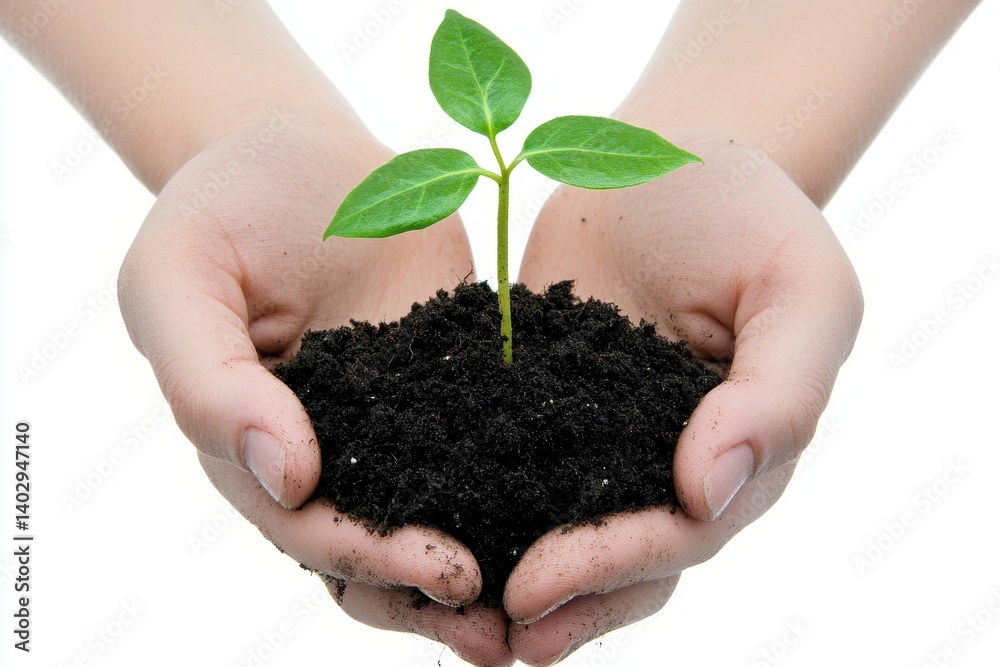 Two hands tenderly holding a young green plant and rich soil Two hands tenderly holding a young green plant and rich soil