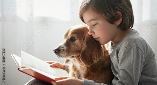 Young caucasian child reading book with dog in sunny room