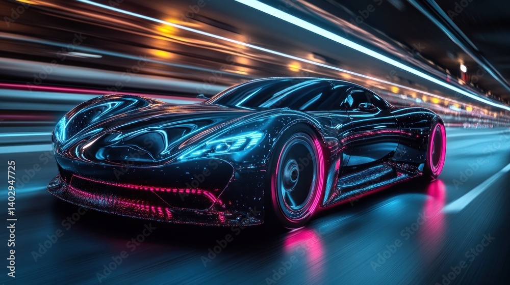Fototapeta premium Futuristic Sports Car Night Drive: Neon Lights & Speed