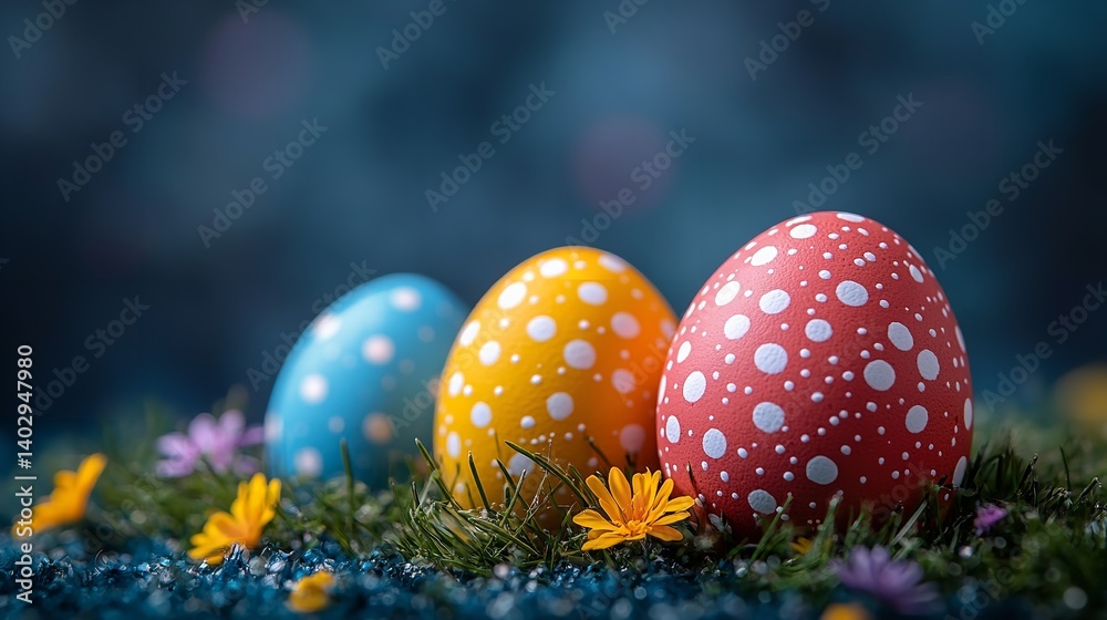 Festive Easter eggs nestled in spring grass adorned with cheerful polka dots vibrant colors and soft focus background