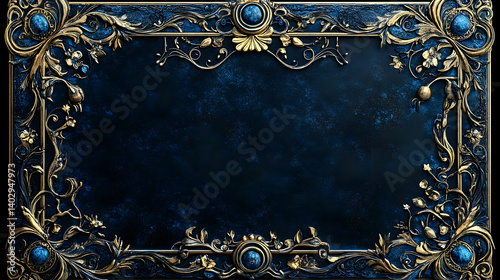 Ornate gold-embellished frame with a deep blue background.