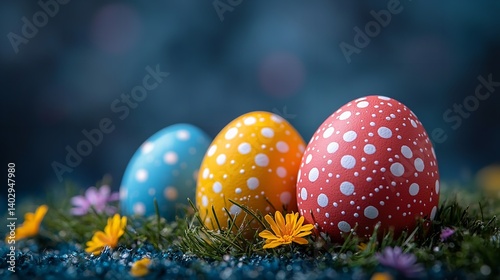 Obraz na płótnie Festive Easter eggs nestled in spring grass adorned with cheerful polka dots vibrant colors and soft focus background w salonie