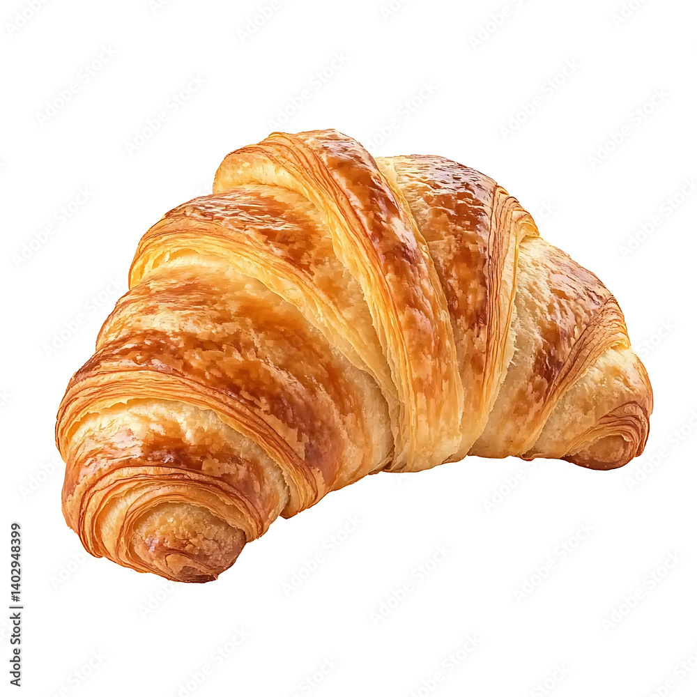 A freshly baked croissant with a golden brown, flaky exterior and soft buttery layers, isolated white background A freshly baked croissant with a golden brown, flaky exterior and soft buttery layers, isolated white background