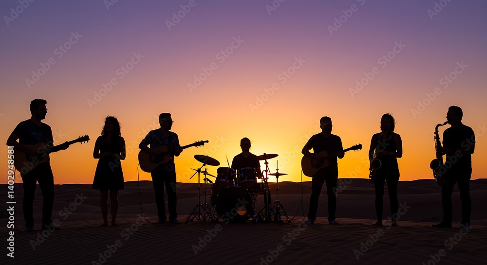 Fototapeta premium Silhouettes of musicians against the backdrop of a glowing sunset in the desert