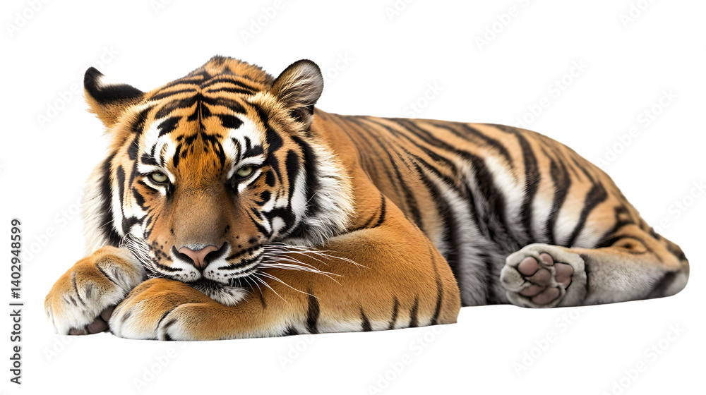 Obraz premium Majestic Tiger Grooming Its Paw in Solitude on White Background - Professional Wildlife Photography