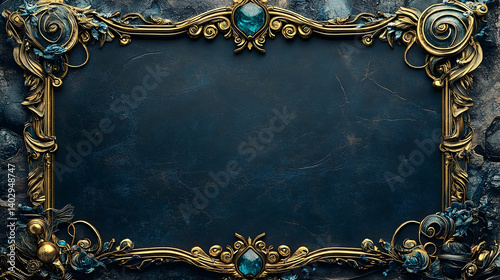 Ornate gold frame with teal accents on a dark background.