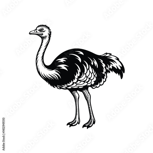 Ostrich standing black and white vector silhouette illustration icon Illustration  on White background