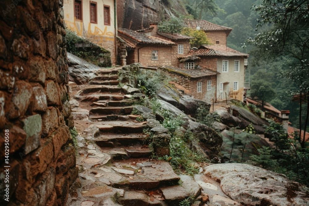 Charming old stone steps leading to historic houses mountain village travel photography serene environment eye-level perspective Charming old stone steps leading to historic houses mountain village travel photography serene environment eye-level perspective