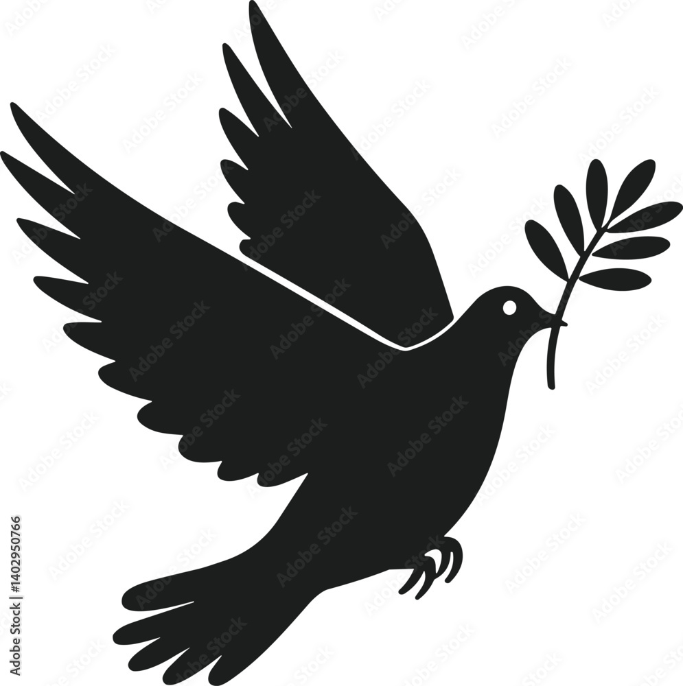 Obraz premium Flying Dove with Olive Branch Silhouette – Peace and Freedom Symbol Vector Art