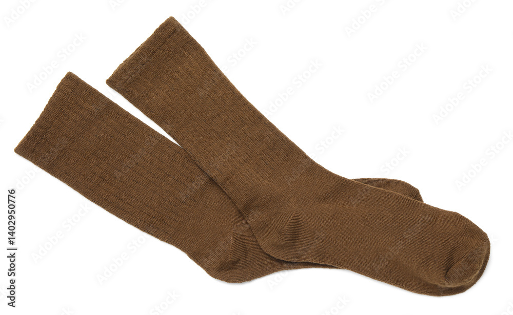 Pair of brown socks isolated on white, top view