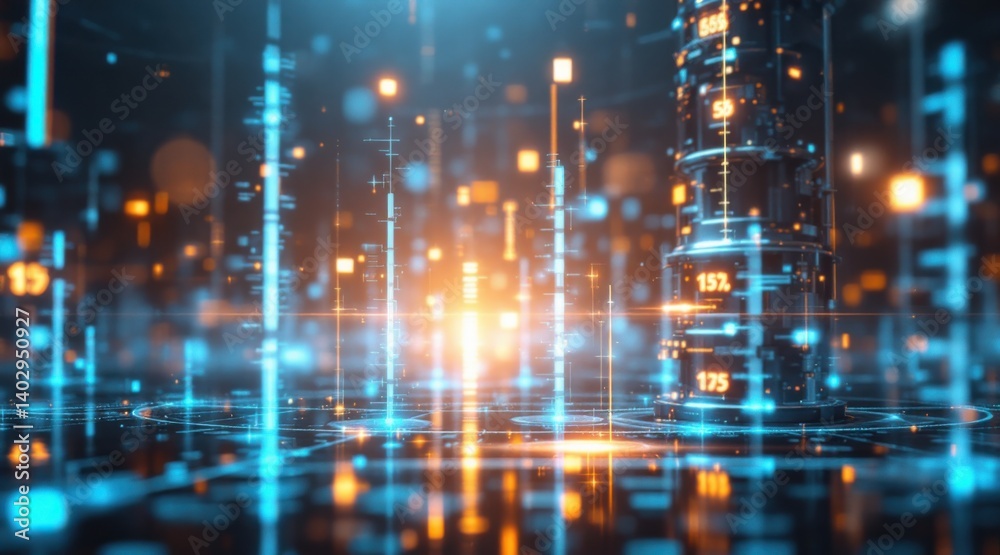 Futuristic digital landscape with glowing data visualizations. Futuristic digital landscape with glowing data visualizations.