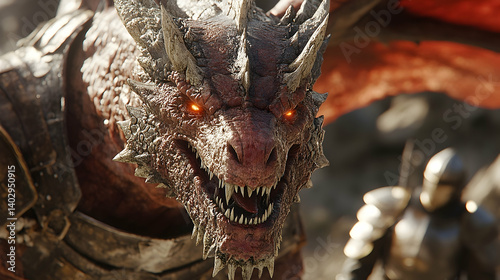 A fierce dragon with glowing eyes confronts a knight. photo