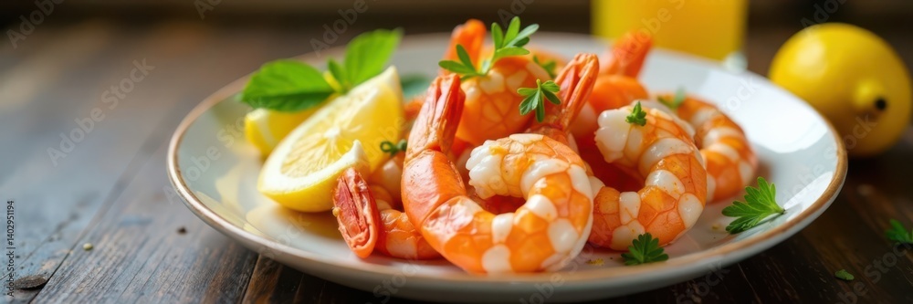 Juicy shrimp on a plate with lemon and butter , seafood dish, shrimp Juicy shrimp on a plate with lemon and butter , seafood dish, shrimp