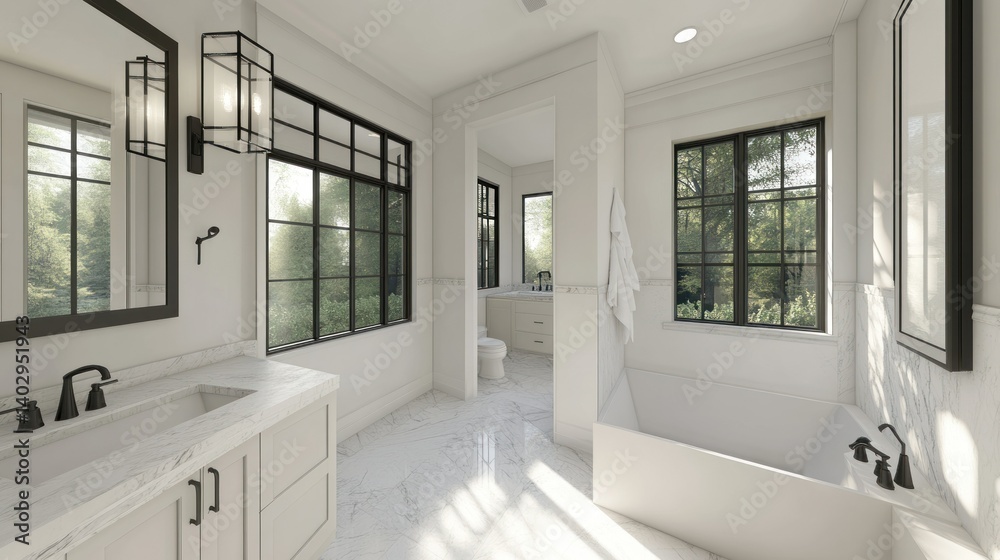 Fototapeta premium Interior of a modern bathroom with large windows and a tub