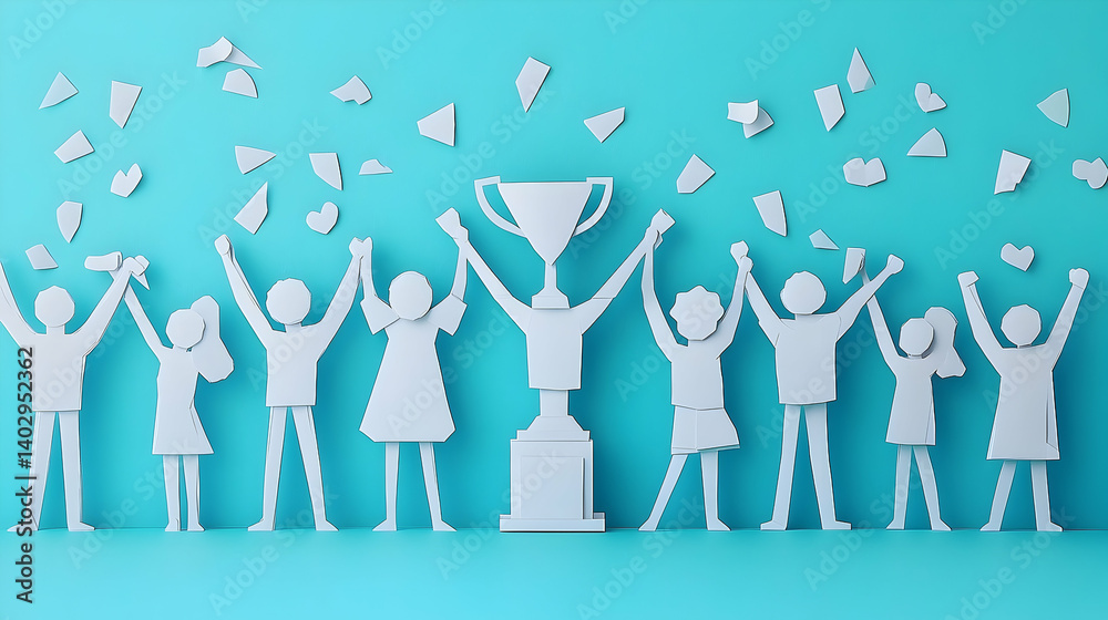 A group of paper cutouts celebrates a victory with a trophy. A group of paper cutouts celebrates a victory with a trophy.