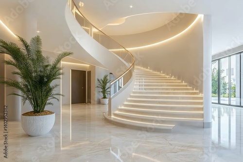 Elegant spiral staircase with marble steps and glass railing