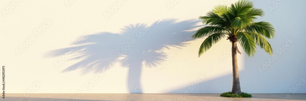 Obraz premium Palm tree casts long shadow on white wall at dusk, nature, palm tree, shadow