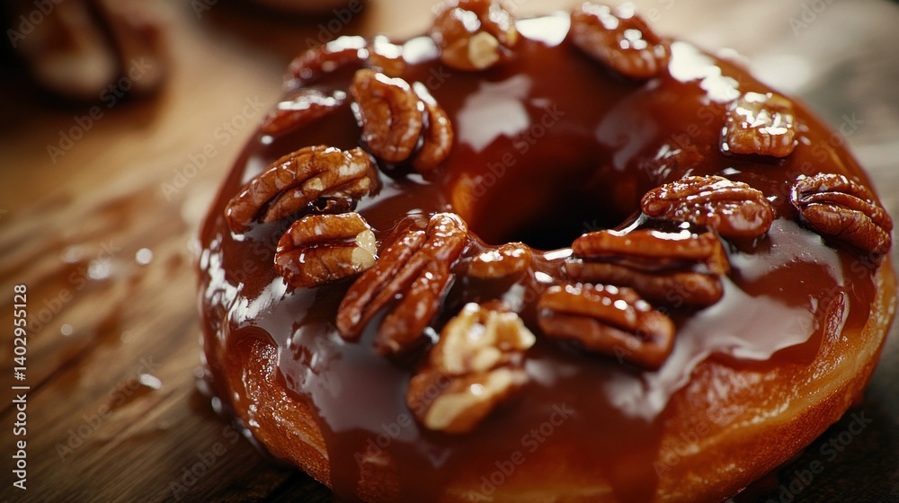 A delicious doughnut topped with nuts and a glossy caramel glaze A delicious doughnut topped with nuts and a glossy caramel glaze