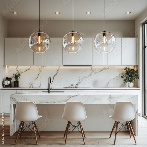 Elegant kitchen features marble island pendant lighting and white cabinets