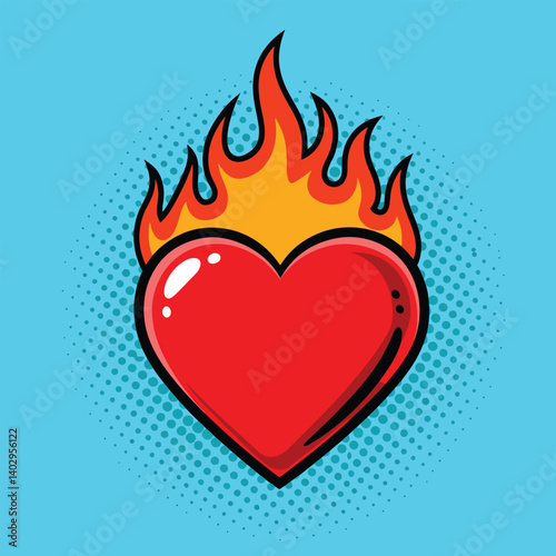 flaming heart pop art vector with halftone background on turquoise, bold comic style