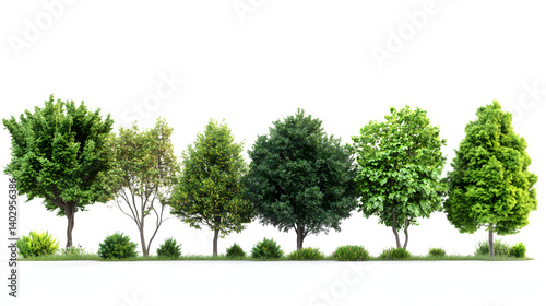 Beautiful Tree and Shrub Lineup on White Background: Professional Landscape Design Concept.