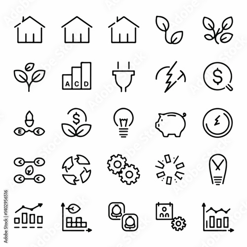 Minimalistic Energy Efficiency & Sustainability Icons – Line Style (Black & White)

