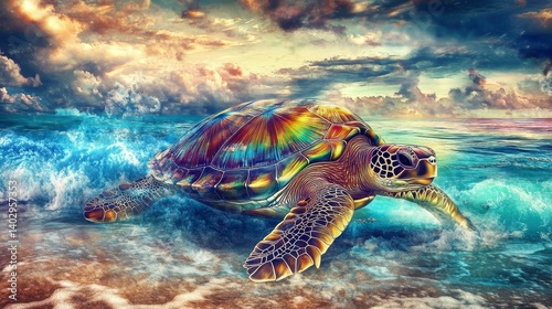 Large green sea turtle close up, Generative AI,