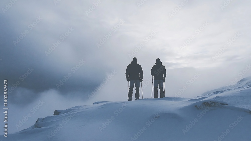 Two Mountaineers Standing on a Snowy Peak Amidst a Cloudy, Winter Landscape Two Mountaineers Standing on a Snowy Peak Amidst a Cloudy, Winter Landscape