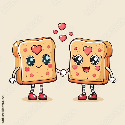 two bread  in love and with hearts, two slices of bread in love vector illustration