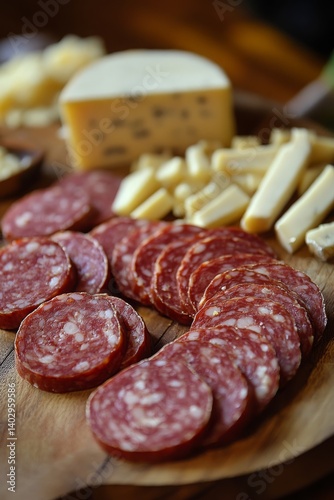 Board with sliced sausage and gourmet cheeses. selective focus. Generative AI