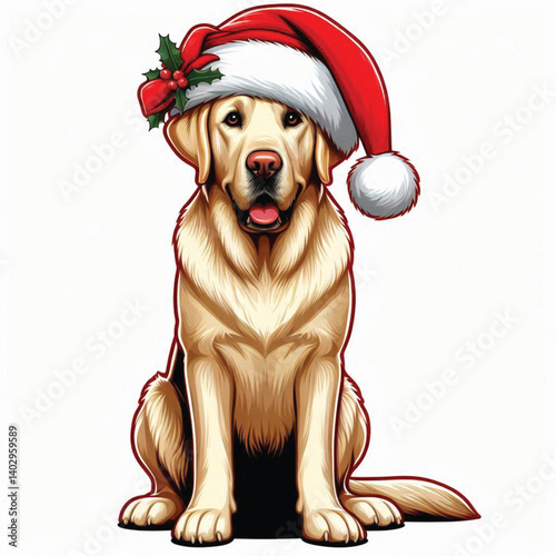 Christmas Labrador Retriever Dog wearing santa claus hat Cartoon Vector Illustration isolated