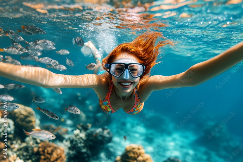 Fototapeta premium Bright commercial style image. A gorgeous and sexy happy asian young woman with red hair in a swimming mask and fins snorkeling among the corals. A dense school of silver fish swims next to her.