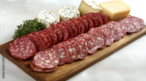 Board with sliced sausage and gourmet cheeses. selective focus. Generative AI