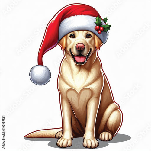 Christmas Labrador Retriever Dog wearing santa claus hat Cartoon Vector Illustration isolated