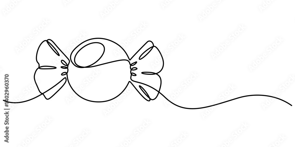 Obraz premium One continuous line illustration of a candy, isolated on white background. Line art of candy, Minimalist design for sweets and dessert themes. Simplified hand-drawn illustration for treats and ammy. 