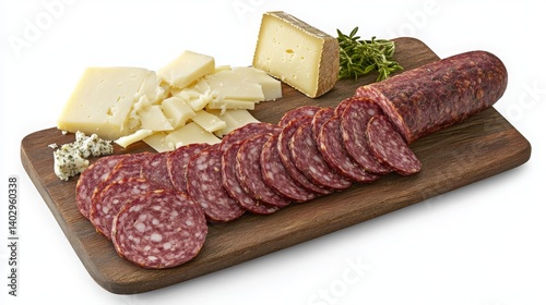 Board with sliced sausage and gourmet cheeses. selective focus. Generative AI