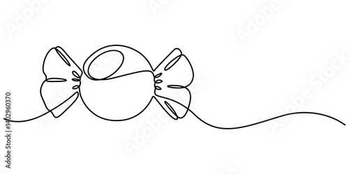One continuous line illustration of a candy, isolated on white background. Line art of candy, Minimalist design for sweets and dessert themes. Simplified hand-drawn illustration for treats and ammy. 