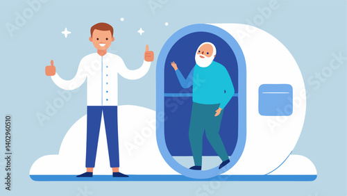 PostTherapy Reflection A patient stepping out of the hyperbaric chamber with a rejuvenated expression feeling refreshed after the session while a healthcare professional gives a