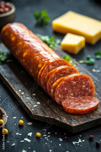 Board with sliced sausage and gourmet cheeses. selective focus. Generative AI