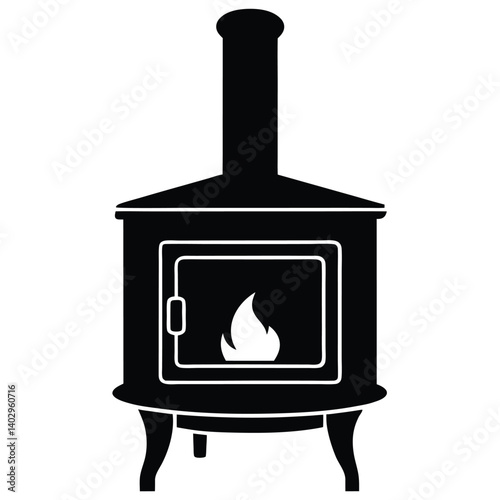 Black Silhouette Wood Burning Stove With Fireplace Glowing Embers Vector.