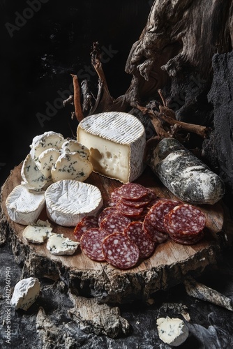 Board with sliced sausage and gourmet cheeses. selective focus. Generative AI