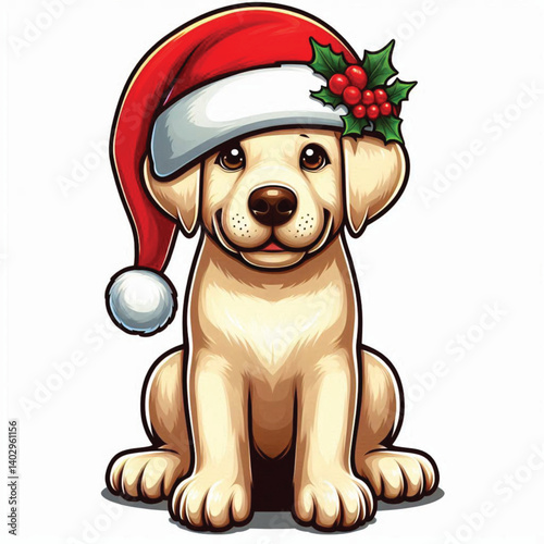 Christmas Labrador Retriever Dog wearing santa claus hat Cartoon Vector Illustration isolated