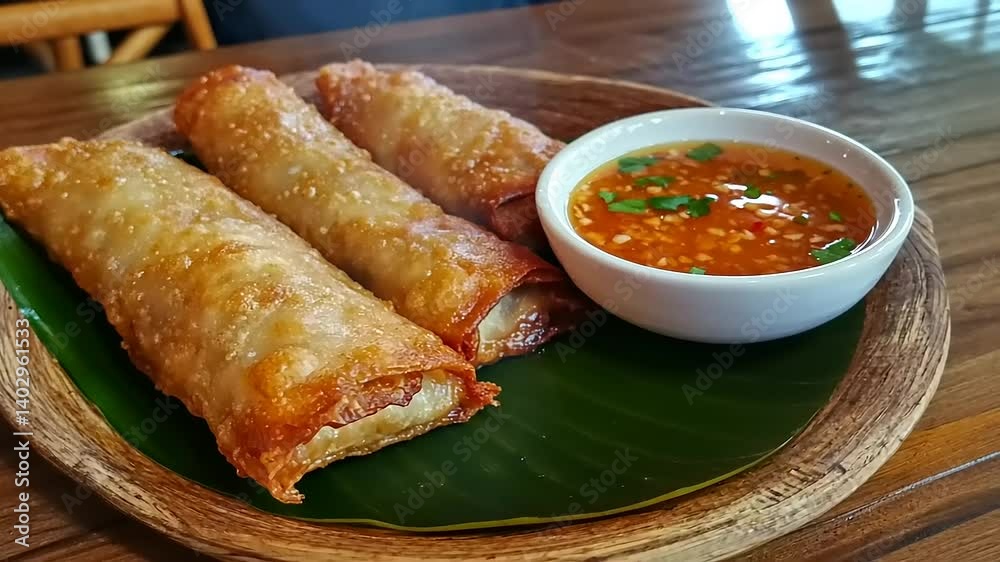 Crispy spring rolls served on a banana leaf with dipping sauce Crispy spring rolls served on a banana leaf with dipping sauce
