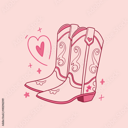 pink cowboy boots and hearts. Wild west, western,  Vector illustration